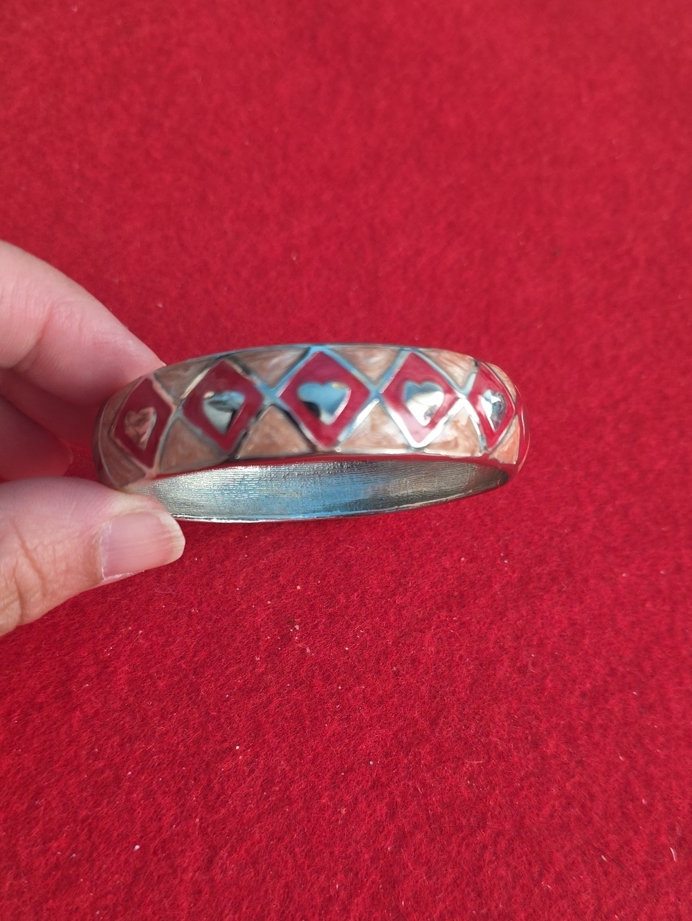 Enamel Heart Bangle Bracelet in Red and Cream